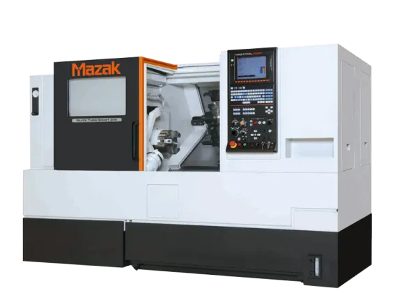 A Mazak CNC machine featuring a control panel with multiple buttons and a display screen