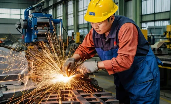 CNC Precision Engineering a worker in uniform using a grinding machine